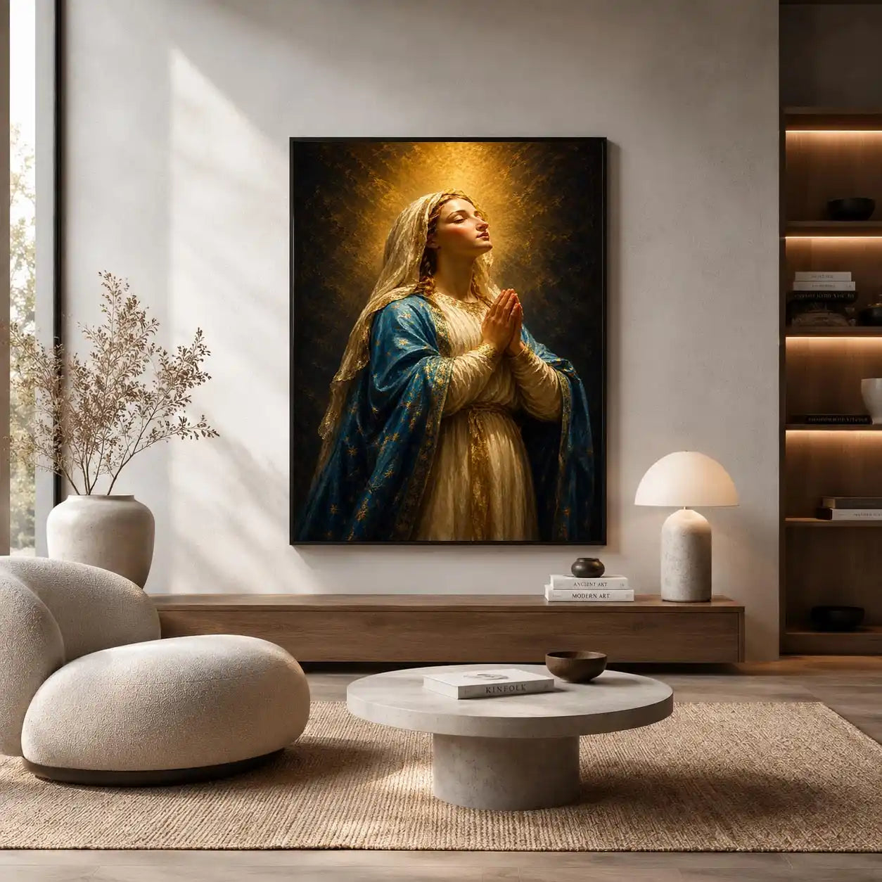 Vertical praying Madonna canvas art in blue and gold for elegant bedroom decor.