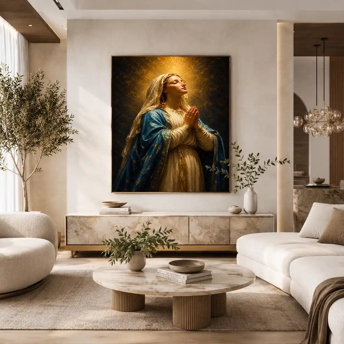 Vertical praying Madonna canvas art in blue and gold for elegant bedroom decor.