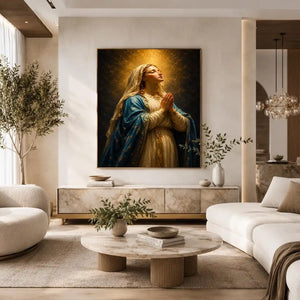 Vertical praying Madonna canvas art in blue and gold for elegant bedroom decor.
