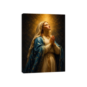 Vertical praying Madonna canvas art in blue and gold for elegant bedroom decor.