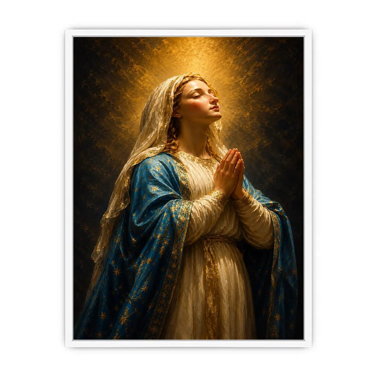 Vertical praying Madonna canvas art in blue and gold for elegant bedroom decor.