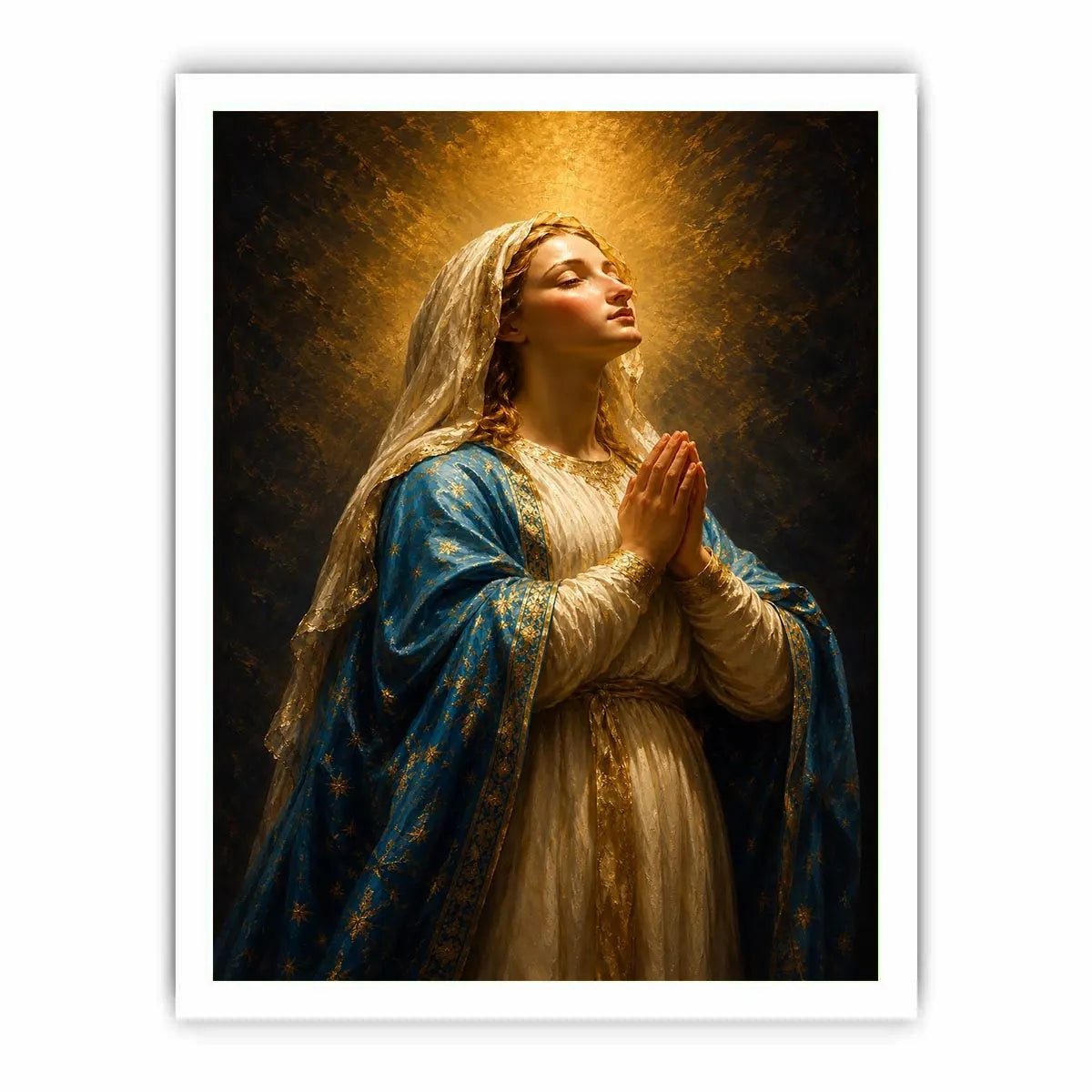 Vertical praying Madonna canvas art in blue and gold for elegant bedroom decor.