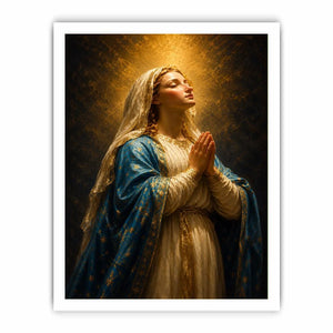 Vertical praying Madonna canvas art in blue and gold for elegant bedroom decor.