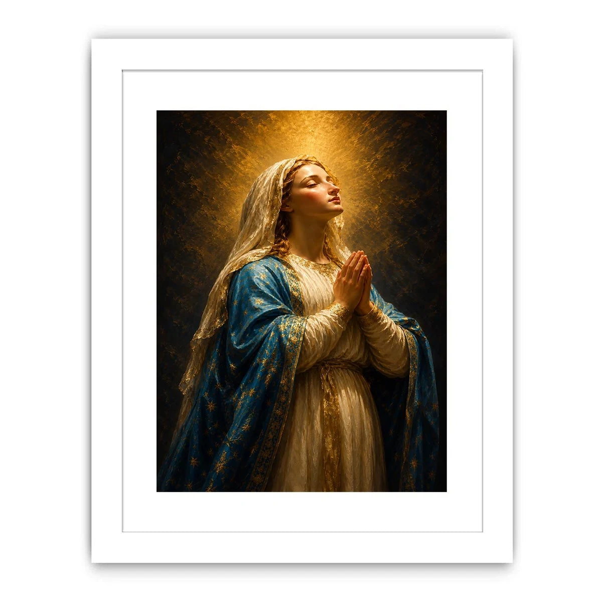 Vertical praying Madonna canvas art in blue and gold for elegant bedroom decor.