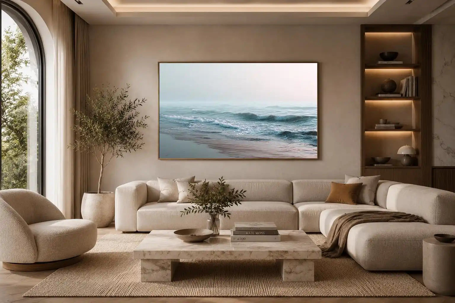 Minimal ocean wave canvas art for calm coastal bedroom or living room decor.