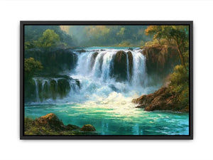 Waterfall landscape canvas art with turquoise water for modern living room decor.