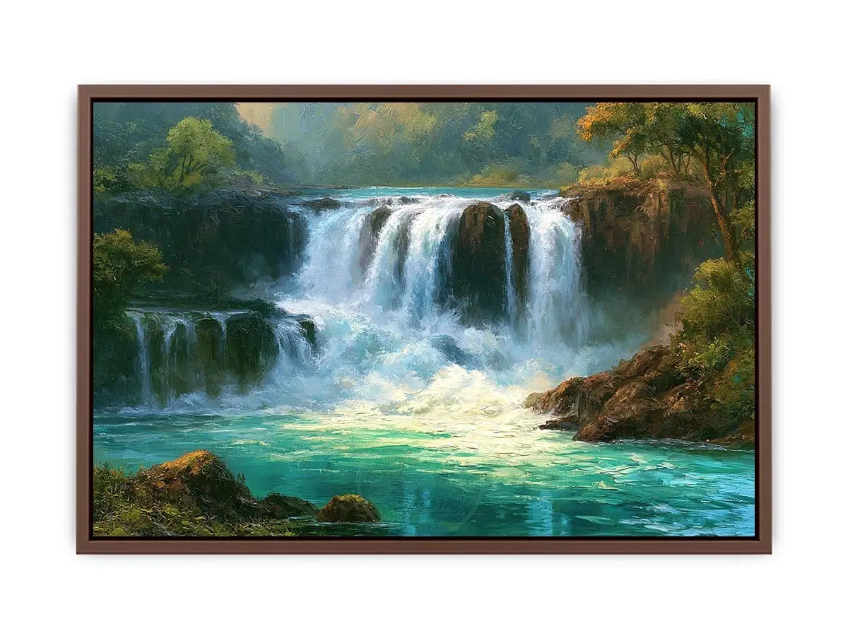 Waterfall landscape canvas art with turquoise water for modern living room decor.
