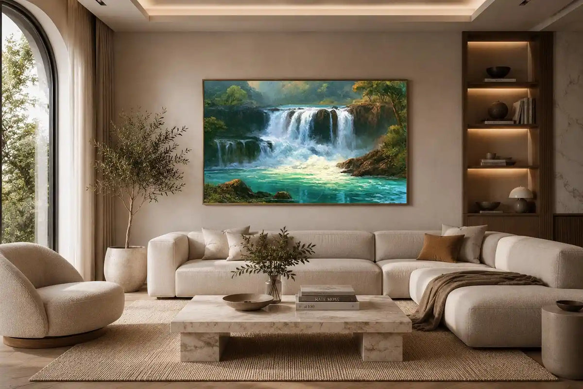 Waterfall landscape canvas art with turquoise water for modern living room decor.