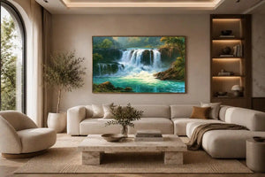 Waterfall landscape canvas art with turquoise water for modern living room decor.