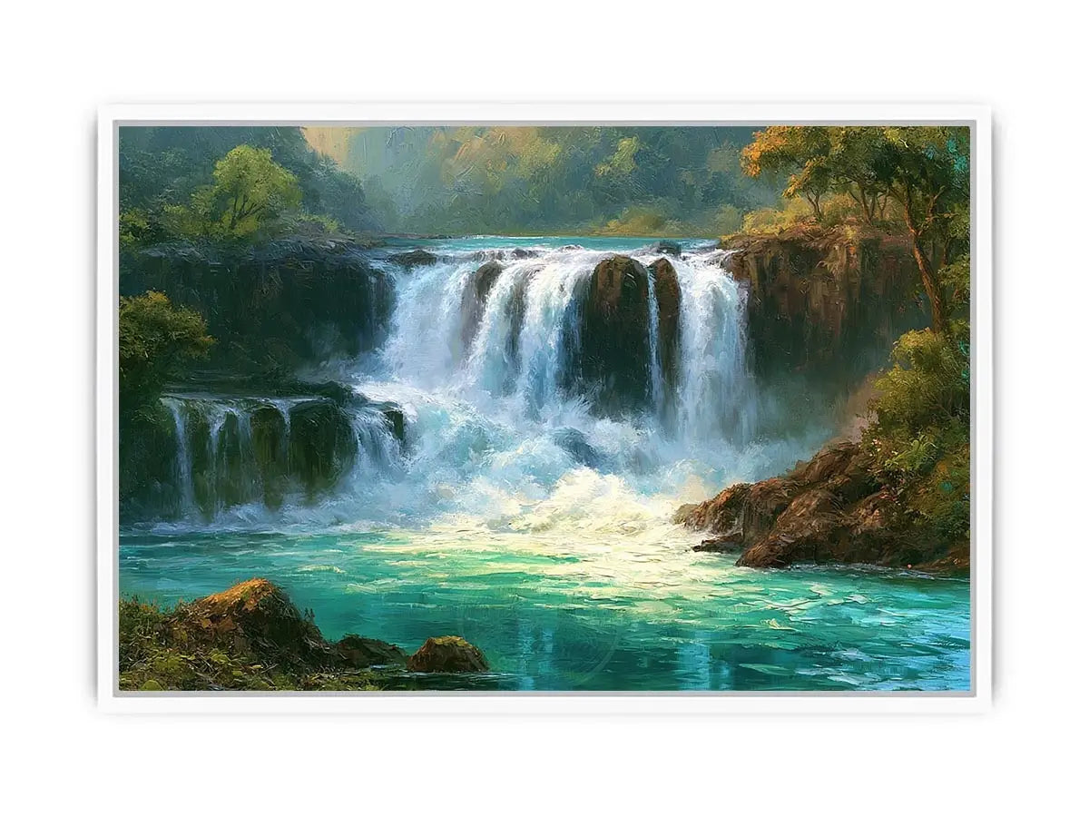 Waterfall landscape canvas art with turquoise water for modern living room decor.