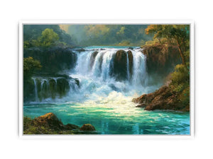 Waterfall landscape canvas art with turquoise water for modern living room decor.