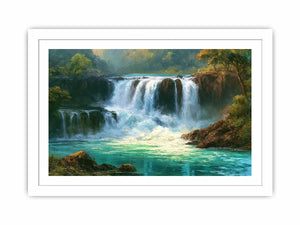 Waterfall landscape canvas art with turquoise water for modern living room decor.