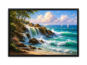 coastal waterfall canvas art for bright beach house living room decor.