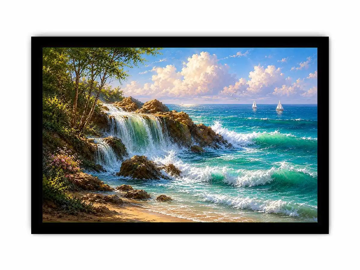 coastal waterfall canvas art for bright beach house living room decor.
