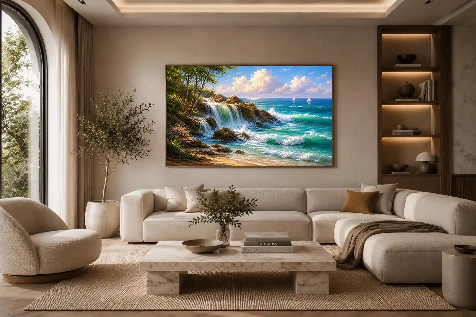 coastal waterfall canvas art for bright beach house living room decor.