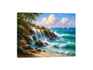 coastal waterfall canvas art for bright beach house living room decor.
