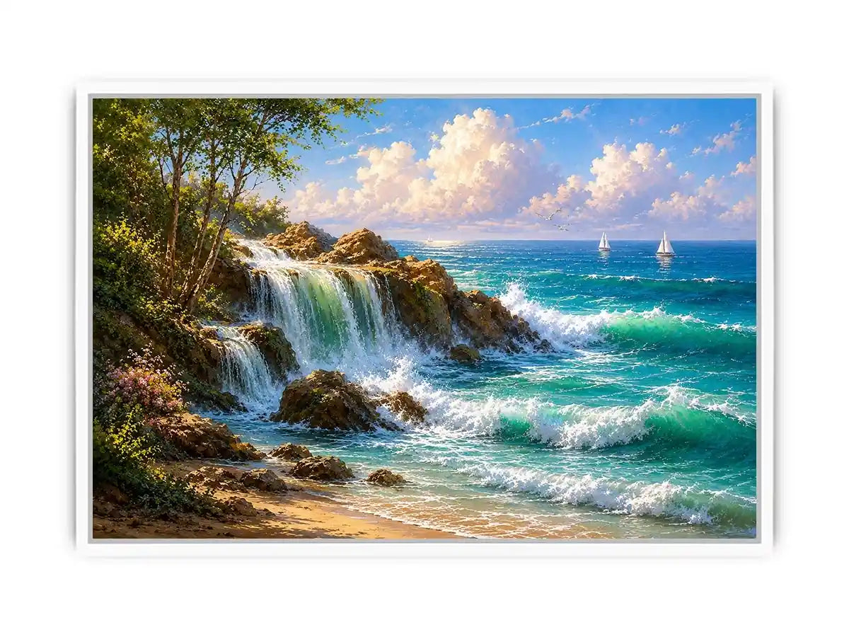 coastal waterfall canvas art for bright beach house living room decor.