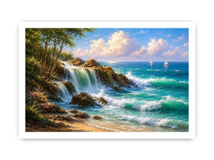 coastal waterfall canvas art for bright beach house living room decor.