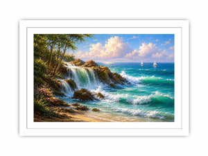 coastal waterfall canvas art for bright beach house living room decor.