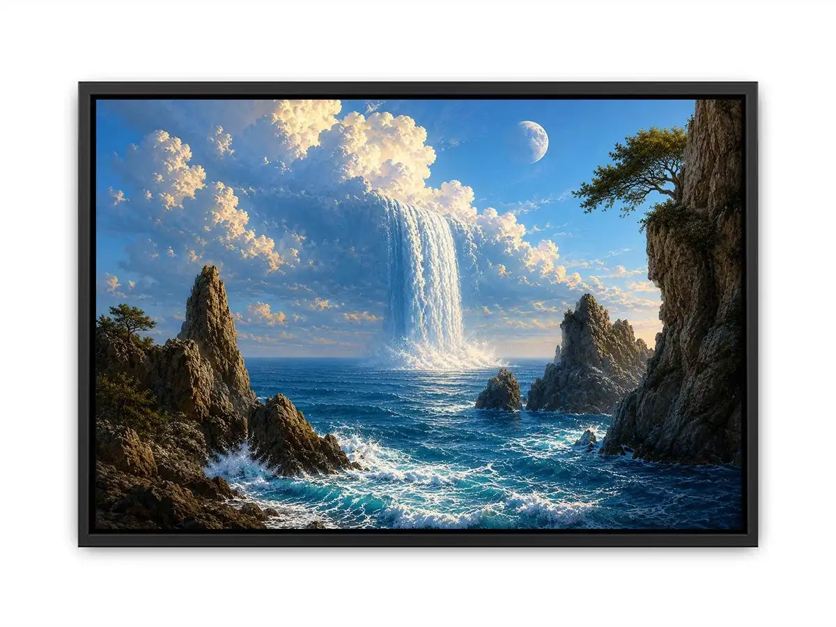 Surreal ocean waterfall canvas art with moonlit cliffs for statement living room decor.