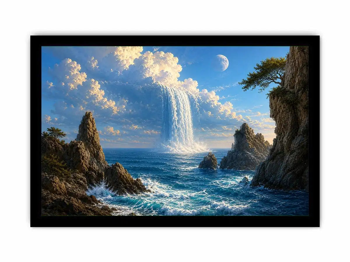 Surreal ocean waterfall canvas art with moonlit cliffs for statement living room decor.