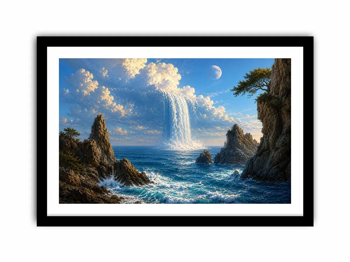 Surreal ocean waterfall canvas art with moonlit cliffs for statement living room decor.