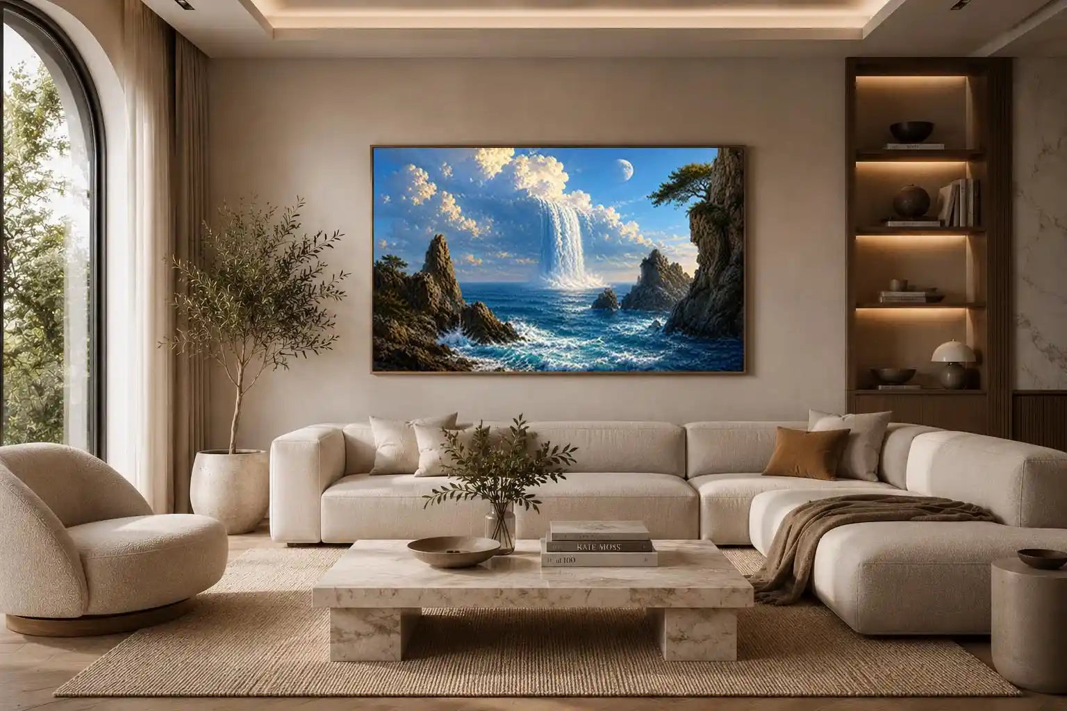 Surreal ocean waterfall canvas art with moonlit cliffs for statement living room decor.