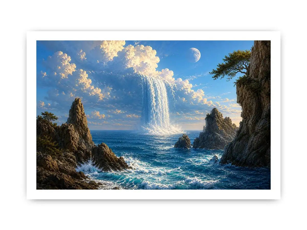 Surreal ocean waterfall canvas art with moonlit cliffs for statement living room decor.