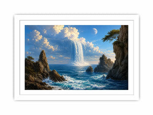 Surreal ocean waterfall canvas art with moonlit cliffs for statement living room decor.