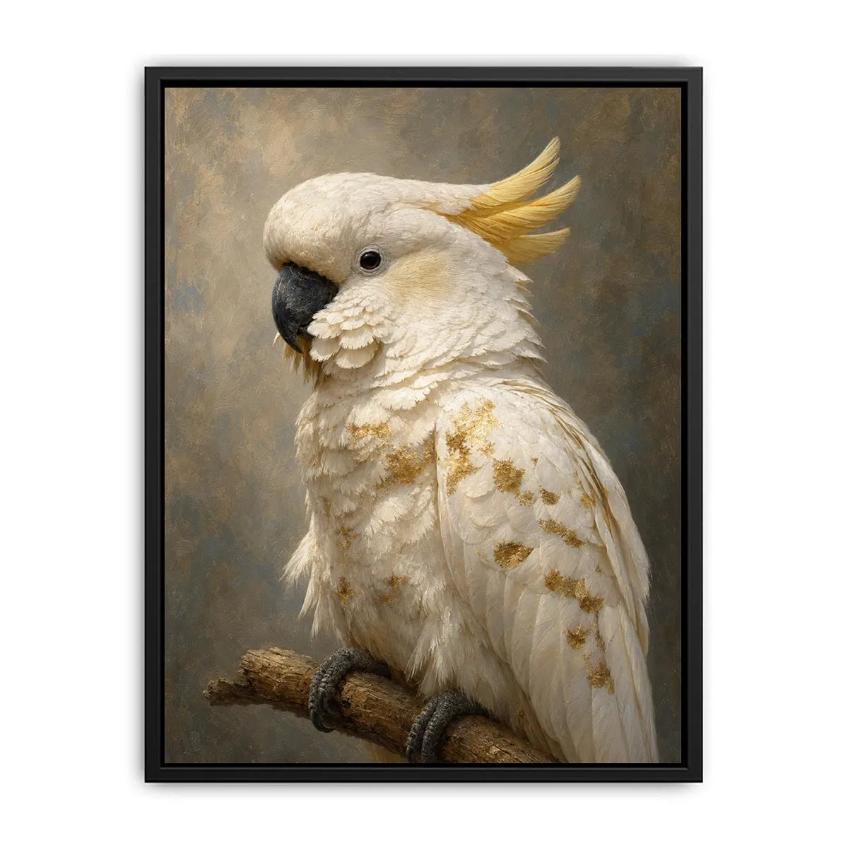White cockatoo portrait canvas art with gold accents for elegant modern decor.