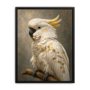 White cockatoo portrait canvas art with gold accents for elegant modern decor.
