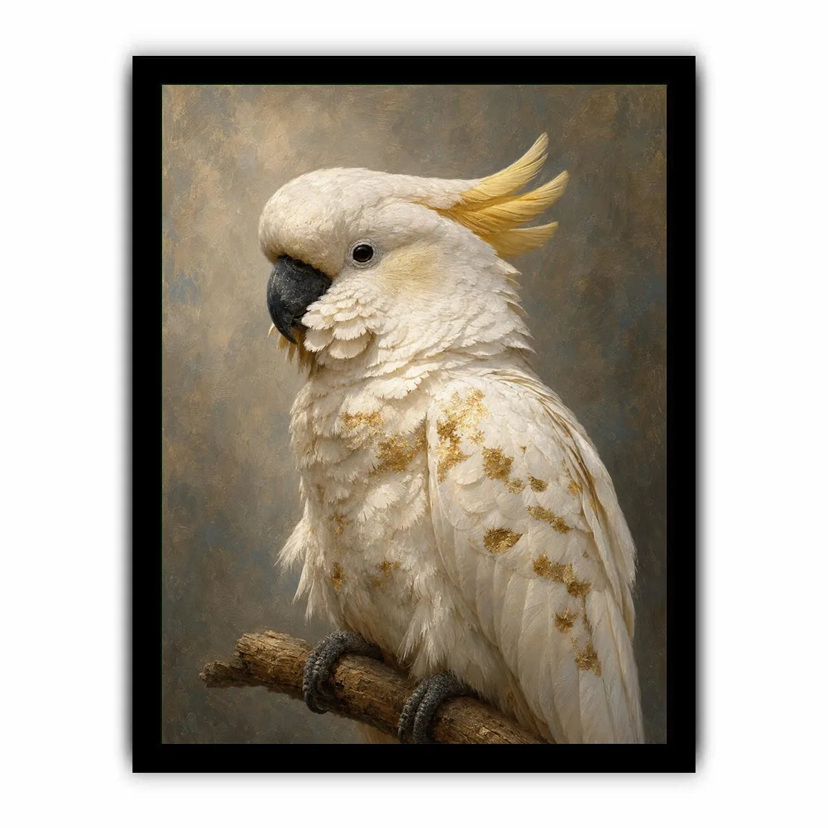 White cockatoo portrait canvas art with gold accents for elegant modern decor.