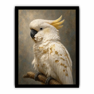 White cockatoo portrait canvas art with gold accents for elegant modern decor.