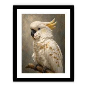 White cockatoo portrait canvas art with gold accents for elegant modern decor.