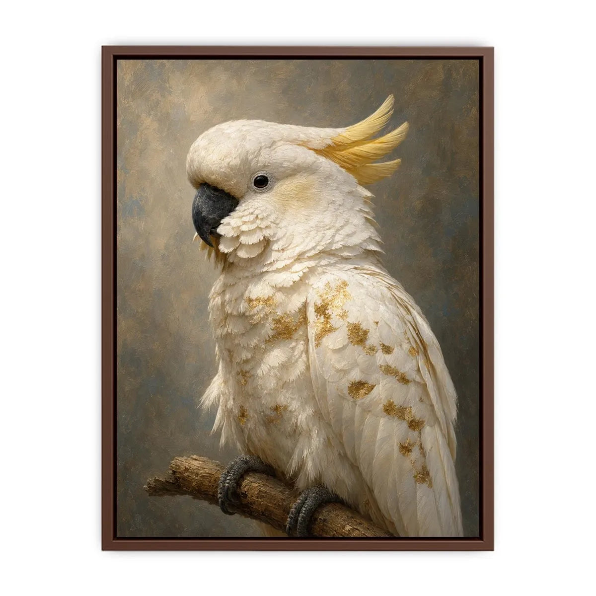 White cockatoo portrait canvas art with gold accents for elegant modern decor.