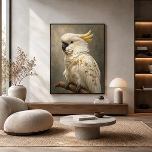 White cockatoo portrait canvas art with gold accents for elegant modern decor.
