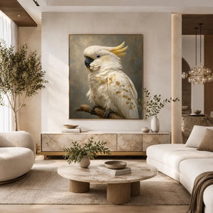 White cockatoo portrait canvas art with gold accents for elegant modern decor.
