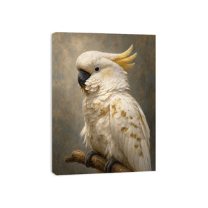 White cockatoo portrait canvas art with gold accents for elegant modern decor.