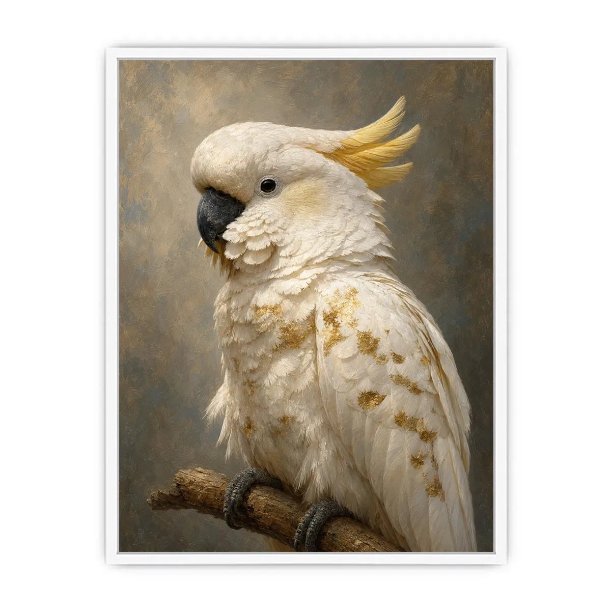White cockatoo portrait canvas art with gold accents for elegant modern decor.