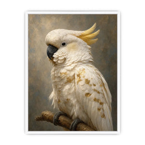 White cockatoo portrait canvas art with gold accents for elegant modern decor.