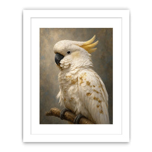 White cockatoo portrait canvas art with gold accents for elegant modern decor.