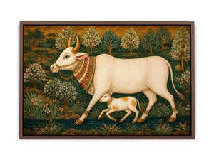 Traditional white cow and calf canvas art for warm dining room decor.