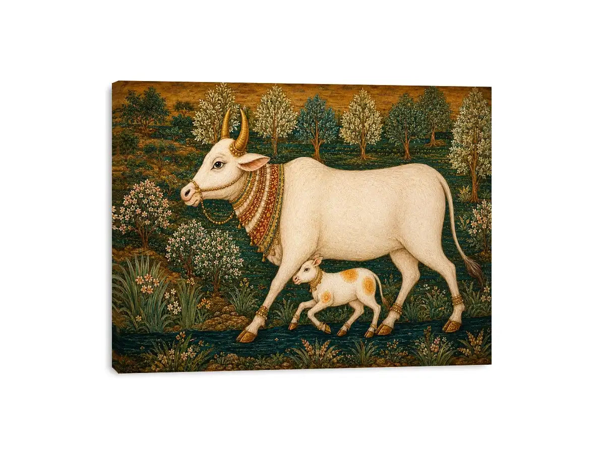 Traditional white cow and calf canvas art for warm dining room decor.