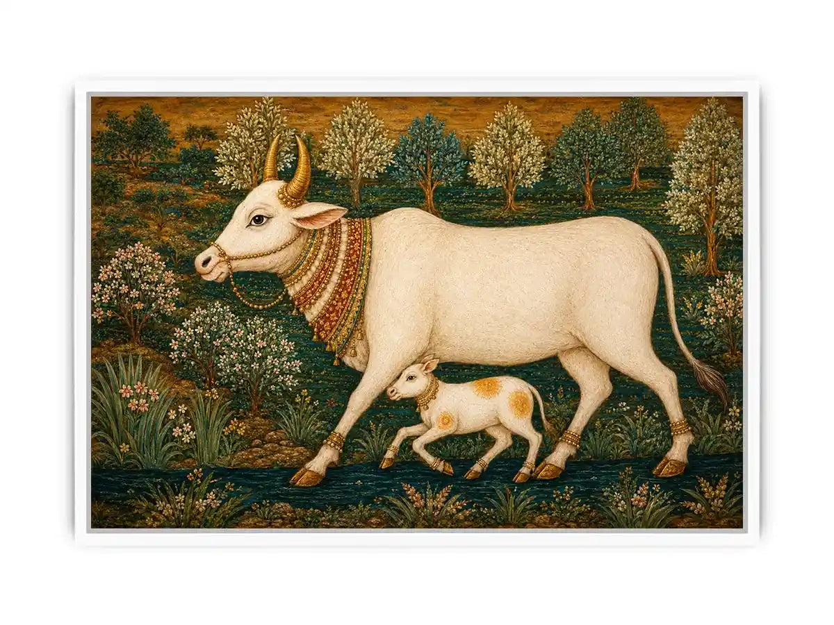 Traditional white cow and calf canvas art for warm dining room decor.