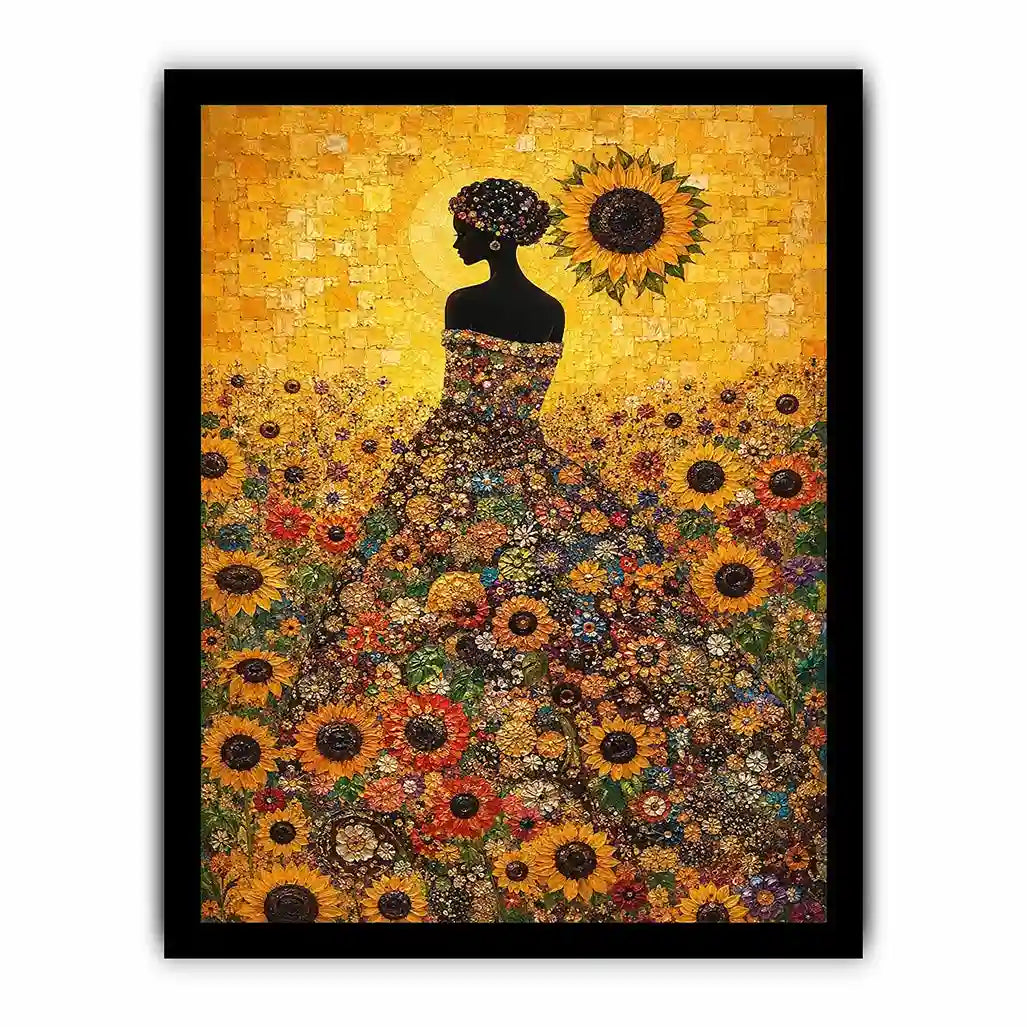 Vertical sunflower woman canvas art for colourful bedroom decor.