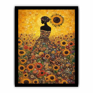 Vertical sunflower woman canvas art for colourful bedroom decor.