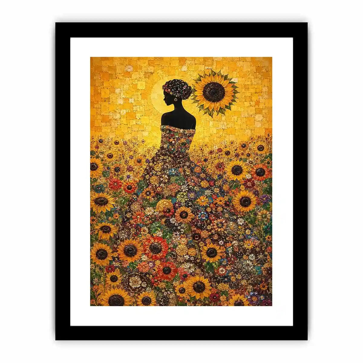 Vertical sunflower woman canvas art for colourful bedroom decor.
