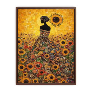 Vertical sunflower woman canvas art for colourful bedroom decor.