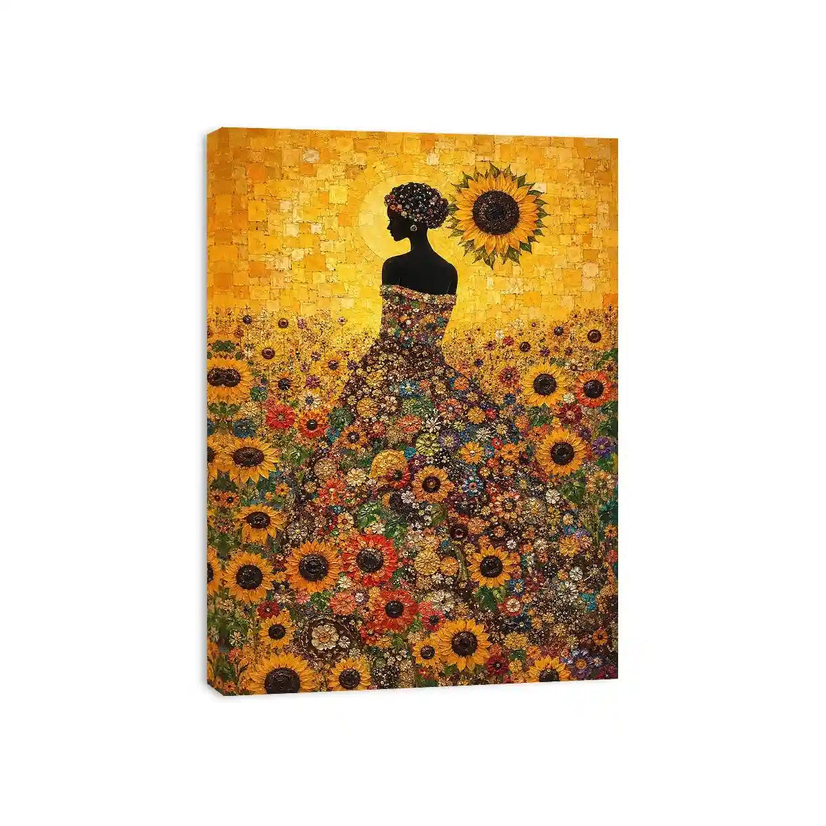 Vertical sunflower woman canvas art for colourful bedroom decor.
