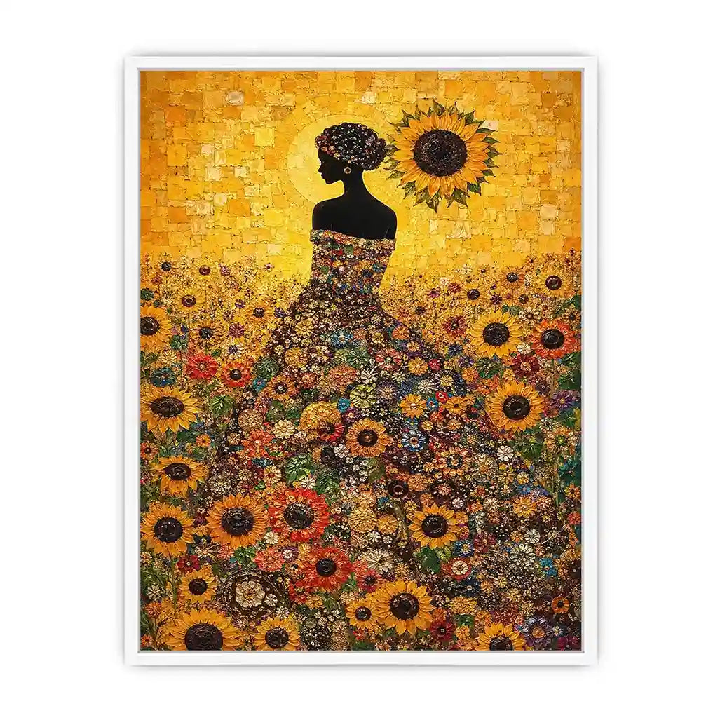 Vertical sunflower woman canvas art for colourful bedroom decor.